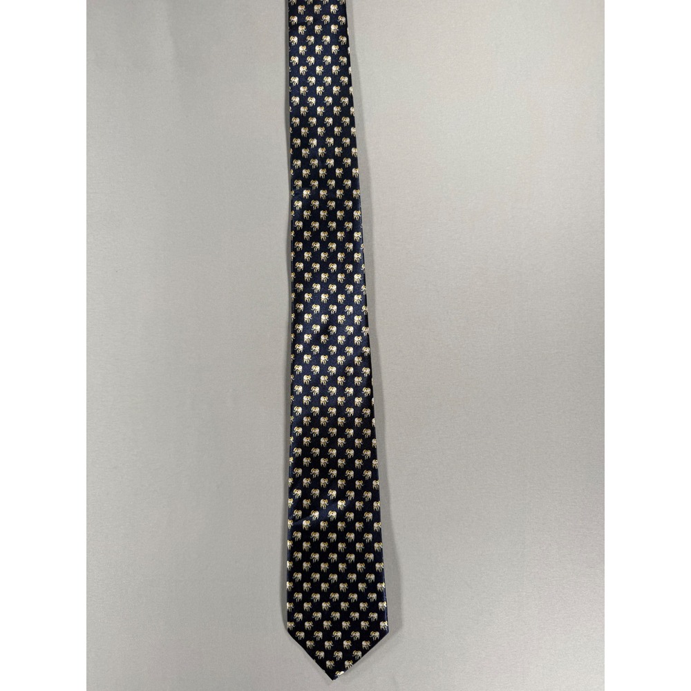 Firstline Mens Silk Tie Navy Blue Yellow White Elephant Animal Print Hand Made